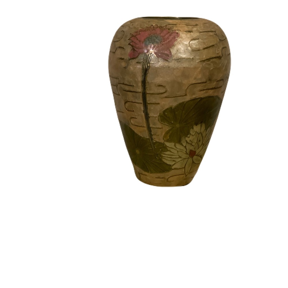 Solid Brass Floral Inlay Vase with Pink and Green Design